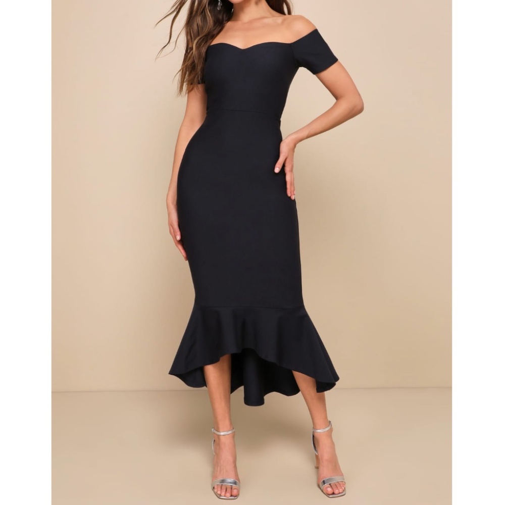 NWOT | LULUs How Much I Care Midnight Blue Off-the-Shoulder Midi Dress | Sz L